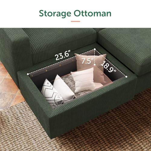 Image of HONBAY 106.2 Inch U-Shaped Sectional Sleeper Sofa with Pull-Out Bed & Storage Ottoman, 7-Seater Sectional Sofa for Living Room, Pet-Resistant Corduroy Couch, Green
