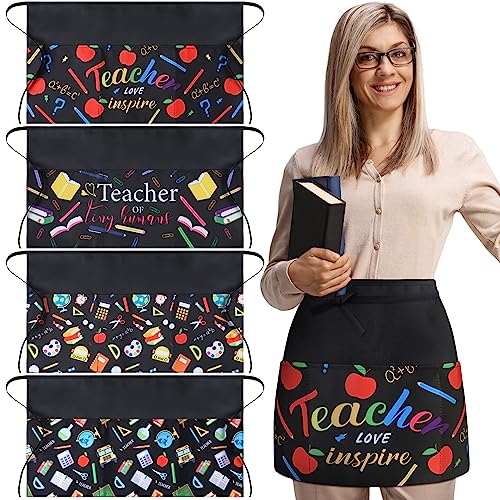 Handepo 4 Pieces Waist Apron for Teachers with 3 Pockets Waterproof Half Aprons Back to School Bibs for Teacher Appreciation Gift