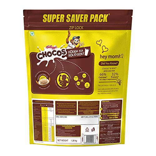 Image of Kellogg's Combo, Kellogg's Chocos, High in Protein, B Vitamins, Calcium And Iron, 1.2kg Pack and Kellogg's Corn Flakes Real Strawberry Puree, 575g