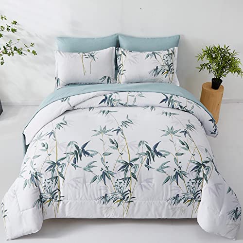 Luxudecor Botanical Comforter Set King Size 3 Pieces Green Bamboo Leaves Comforter With Pillowcases Reversible Bedding Set Soft Microfiber For All Season(Green, 104''X90'') #TOP7