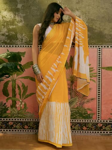 Image of SIRIL Women's Cotton Linen Printed Zari Border Saree with Unstitched Blouse Piece