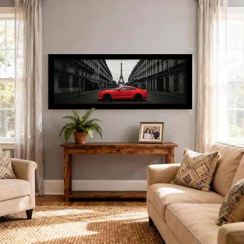 Image of PAINTINGMANTRA Paris City Racing Car with Eiffel Tower View Wall Art Framed Luxury Paintings for Home Decoration, Living room, Bedroom and Office Decoration (99x38 CM)