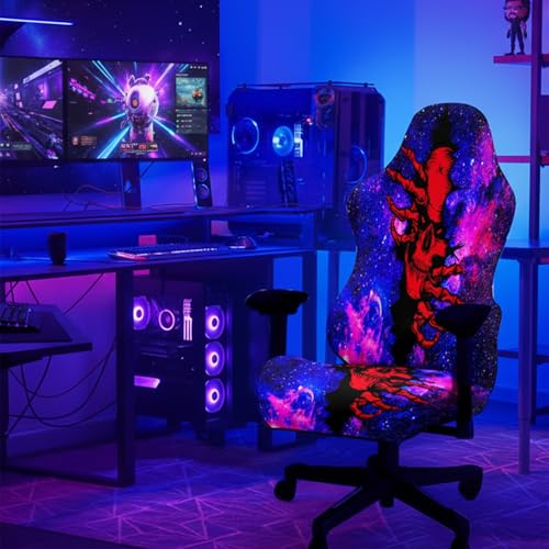 Simpkeely Blacklight Gaming Chair Cover – UV Reactive Esports Chair Protector with Neon Skull Galaxy Design, Stretchable Washable Slipcover for Office & Gaming Chairs