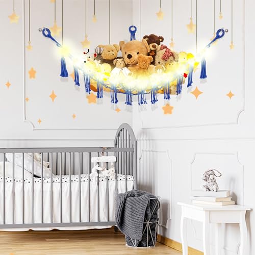Image of CERETIA Stuffed Animal Hammock with LED Light, Large Stuffed Animals Storage Corner Plushie Net for Kids Room Decor, 2 Packs Royal Blue