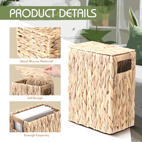 Image of Vesici 3 Gallon Wicker Trash Can with Lid for Small Bathroom Tall Narrow Natural Water Hyacinth Handwoven Waste Basket with Handles Decorative Small Woven Garbage Can for Bedroom Kitchen Office