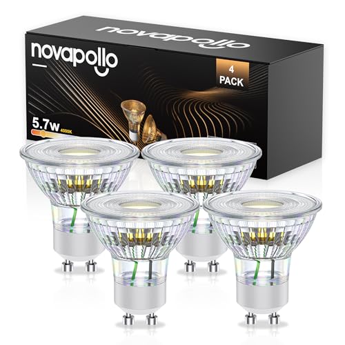 novapollo Bombillas LED GU10 No Regulables, 5,7W (Equiv a 75W), Luz Blanca Cálida 4000K, Ángulo 38°, Sin Filamento | Ideal Para Iluminación Empotrada/Riel, Cocina, Campana, Salón, Dormitorio