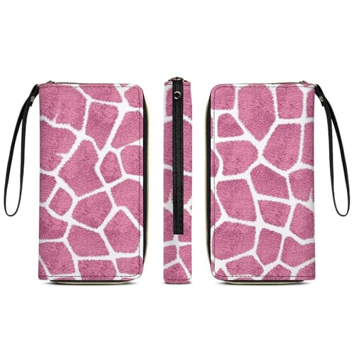 Niapessel Women's Wallets, Pink Giraffe Skin Print Large Zip Around Leather Travel Long Purse with Wrist Strap Card Cases & Money Organizers3