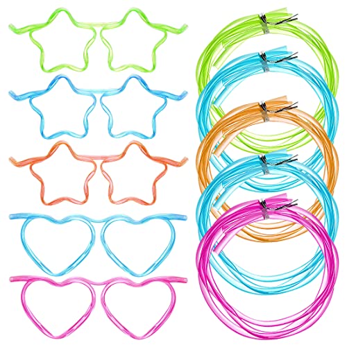 Image of Funny Silly Straw Glasses Star & Heart-Shaped Eyeglasses Straws Crazy Fun Loop Straws Novelty Drinking Glasses Straw for Annual Meeting, Fun Parties, Birthday, Assorted Colors 5 Pieces