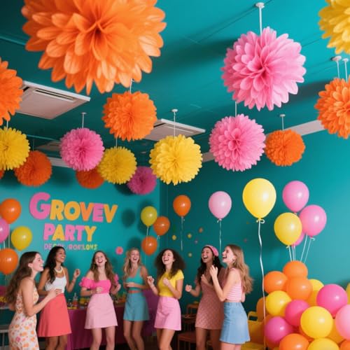 Image of We Moment Pink Orange Yellow Paper Pom Poms for Party Decoration Boho Party Ceiling Wall Hanging Tissue Flowers Decorations 12pcs 3 Colors