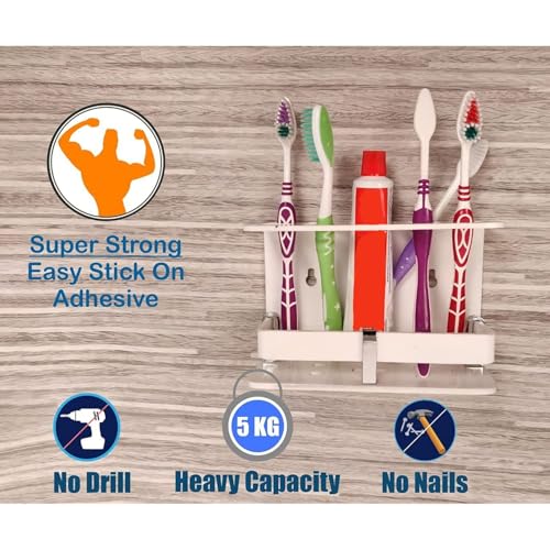 Image of Wall Mounted self Adhesive Acrylic Tooth Brush /Toothpaste Holder /Stand /Tumbler /Toothpaste for Bathroom Stand Organizer Rack for Home (Acrylic Stand) (Bih White)