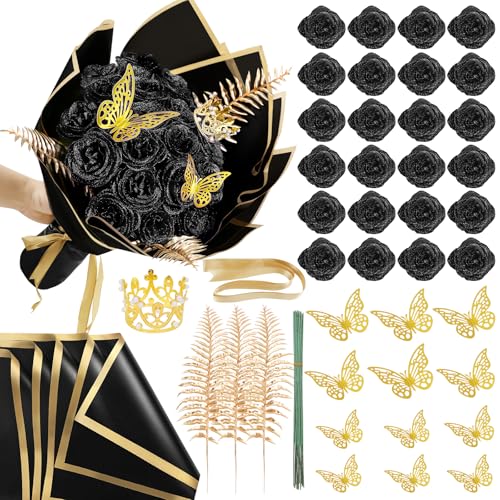 SEMONONIA DIY Glitter Roses Bouquet Black- 24 Pack Fake Shiny Flowers with Stems Eternal Floral for Halloween Elegance Wedding Bouquets Anniversary Birthday Party Christmas Decorations