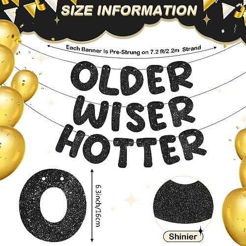 Image of Fulmoon Set of 3 Pre Strung Older Wiser Hotter Glitter Banner Funny Birthday Banner for Women 30th 40th 50th 60th 70th 80th Birthday Party Decorations Sign Gift(Black)