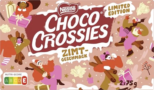 Nestlé CHOCO CROSSIES Zimt, knusperleichte Flakes und knackige Mandeln umhüllt von zartschmelzender weißer Glasur und Zimtgeschmack, 1er Pack (à 2 x 75g)