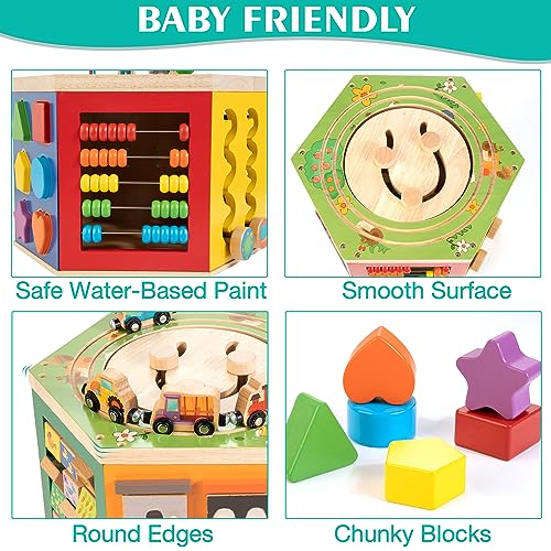 Image of Large Activity Cube, 9-in-1 Farm-Themed Wooden Play Center, Multipurpose Montessori Toy for 1-2 Year Old Baby Toddler Kid, First Birthday Gift | Bonus Magnetic Train Cars