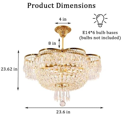 Yoywe French Empire Crystal Chandelier Lighting 24" Antique Modern Gold Semi Flush Mount Ceiling Light Round 6-Light Crystal Hanging Pendant Light Fixture For Dining Living Room Bedroom Guest Room #TOP5