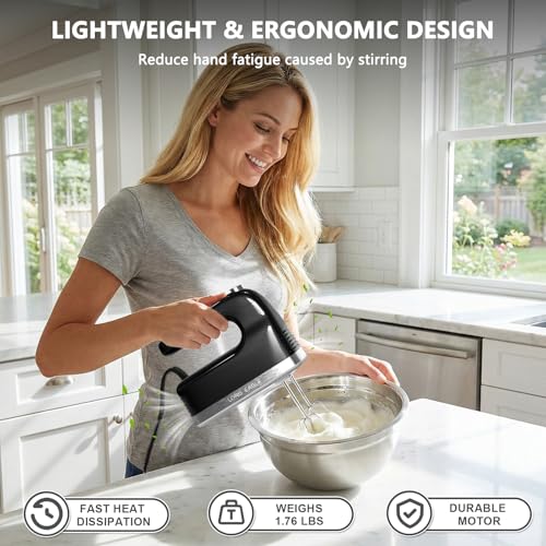 Image of Lord Eagle 9-Speed Digital Hand Mixer Electric Handheld, 500W DC Motor Kitchen Mixer for Cake Baking, Lightweight Egg Beaters with Stain-resistant & Waterproof Storage Bag & 6 Accessories, Black