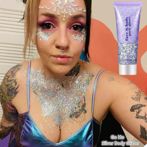 image for Go Ho Silver Face Body Glitter Gel,Singer Concerts Silver Face Paint M
