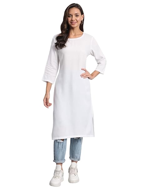 Ravaiyaa - Attitude is everything Women's Solid White Cotton Blend Soft Fabric Round Neck 3/4 Sleeve Straight Kurta for Ethnic, Navratri and Durga Pooja (White)