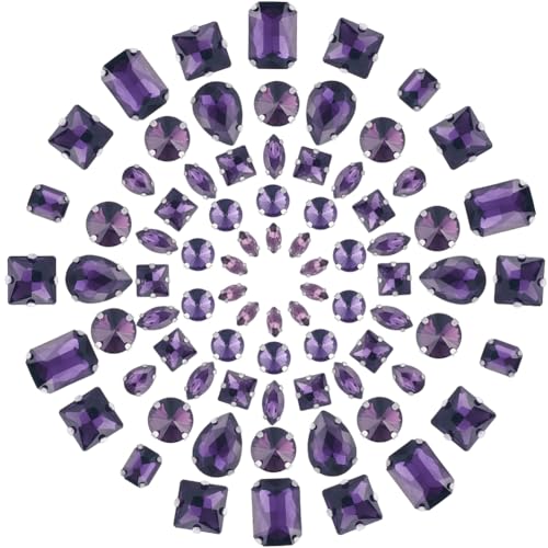 GORGECRAFT 1 Box 100Pcs 10 Styles Sew On Rhinestones Purple Glass Rhinestone Silver Claw Flatback Gemstones with 4 Holes Teardrop Round Square Mix Shape Size Sewing Gems for DIY Embellishments Crafts