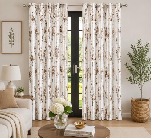 Image of 8 Feet Polyester Floral Light Filtering Door Curtains for Bedroom, Living Room & Hall, Eyelet Top, Coffee Print Curtain Set of 4