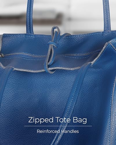 Image of Genuine Italian Leather Tote Bag for Women, Large Slouchy Purse, Blue | Unstructured bag, raw unlined interior with zip pocket, top zipper, side ties, folds flat, fits a 16-inch laptop, lightweight