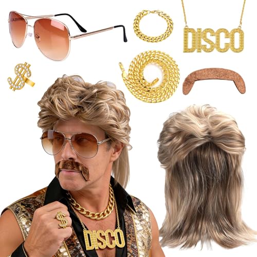 Funnity 7 Stück Vokuhila perücke herren 70er 80er 90er Jahre Outfit Accessoires Hip Hop Party Kostüm Kit mit Brille Bart Halskette Ring und Armband für Karneval Fasching Halloween