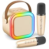 Mini Karaoke Machine for Kids Adults, Portable Karaoke Microphone Singing Speaker Bluetooth Karaoke Player with 2 Wireless Mic, Birthday Gifts for Girls Boys 4-12 Year Old, Family Home Party(Gold)