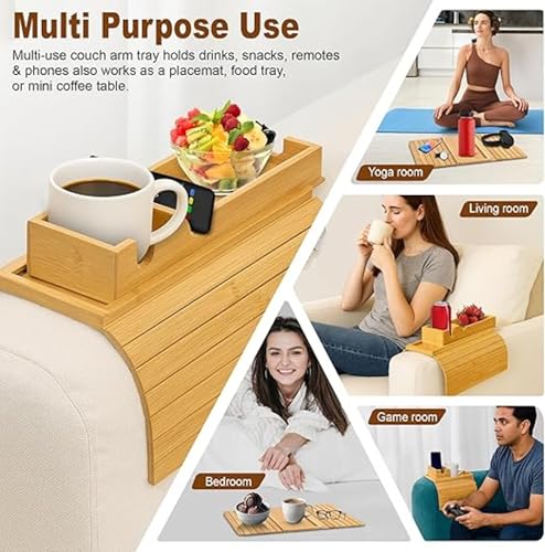 Image of MISHAVI Sofa Armrest Tray - Premium Wooden Arm Tray with Cup Holder | Flexible Couch & Bed Tray, Wooden Mat, Sofa Side Cover, Sofa Accessories