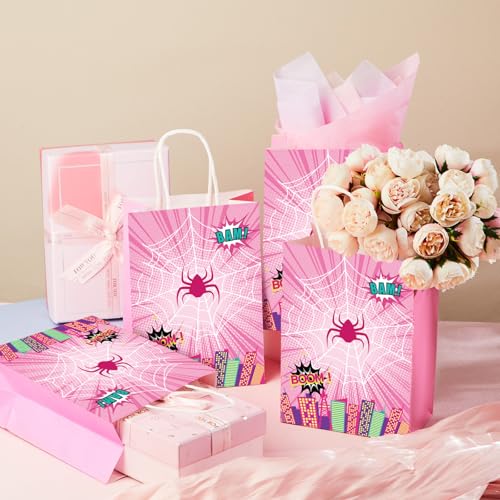 Image of Henoyso 24 Pcs Pink Spider Party Favor Goodie Bags with Handles Pink Ghost Theme Birthday Decorations Treat Candy Snack Gift Bags for Baby Shower Birthday Party Supplies