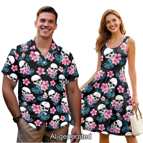 Image of Dreaweet Summer Dresses for Women A-Line Sleeveless Flowy Sun Dresses,Men's Casual Button-Down Shirts,Couple Matching Outfits