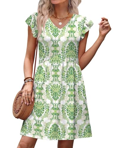 Image of OFEEFAN Summer Dresses for Women Beach Vacation Clothes V Neck Ruffle Sleeve Babydoll Dress Elegant Classy Sundress