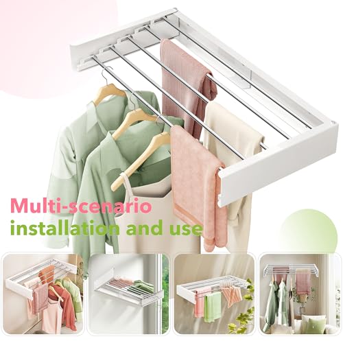 Image of ZdwCyl Wall Mounted Clothes Drying Rack 32 inches,Foldbale Laundry Drying Rack Wall Mount,Drying Rack Clothing Space Saver,Retractable,Collapsible,Folding Laundry Rack,White