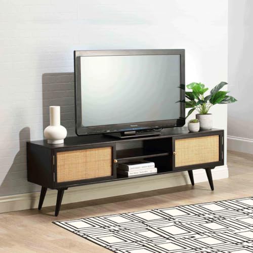 Image of THE WOODEN CITY Rattan Solid Wood Tv Unit | Cabinet for LED LCD | Spiral Carving Cane TV Stand for Living Room and Bedroom | Pure Mango Wood, Natural Matt Finish | Size - 160 x 40 x 50cm