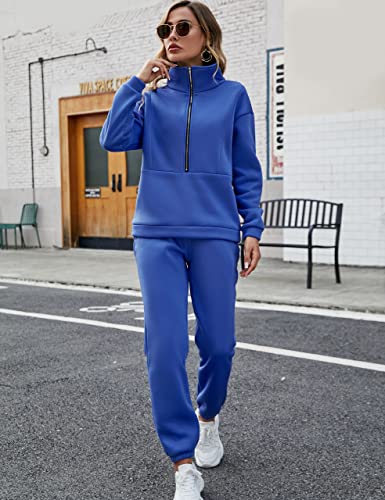 Flygo Womens Fleece 2 Piece Outfits Sweatsuit Half Zip Pullover Sweatshirt Joggers Pants Tracksuit Set (Blue-L) #TOP4