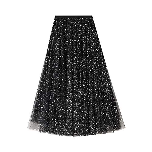 Women Starry Sky Gillter Midi Tulle Skirts High Waist Double Layer Mesh Tutu Sequin Skirts A-line Pleated Skirts