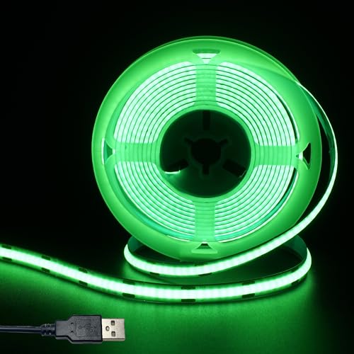 Image of 5V 8mm Width USB COB LED Strip Lights,Green,320LEDs /M,8W /M,CRI90,16.4FT /5M,Electroplated Double-Sided Panel Light Strip,Waterproof IP20,Flexible Strip for Indoor Decoration