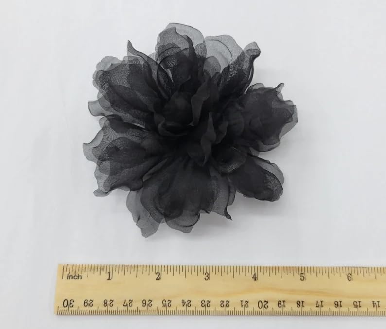 Black Flower Gardenia 4.5" Silk Organza Millinery Fabric Artificial Flowers Brooch Pin Handmade in USA - Image 2
