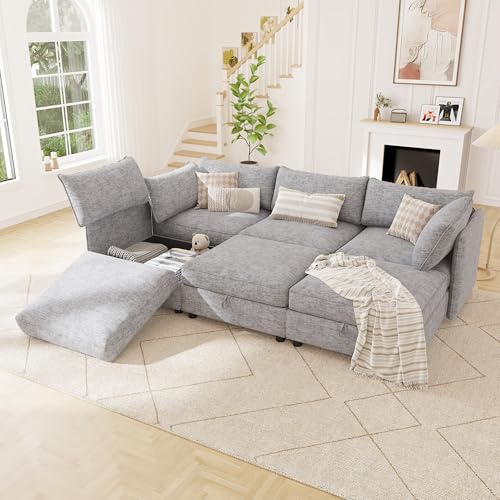 Image of 95.5 inch Chenille Modular Sectional Sofa Bed Hidden Storage, Convertible L U Shaped Sleeper Couch, 6 Seat Modern Modular Sectional Sofa with Removable Covers & Ottoman Chaise, for Living Room, Gray