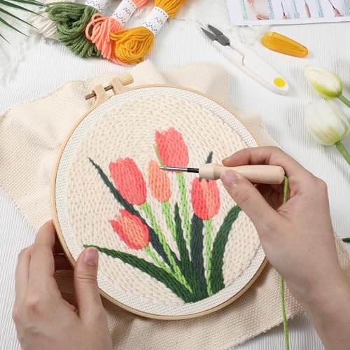 Image of Lyksgir 3 Sets Punch Needle Kits, Punch Needle Embroidery Starter Kits for Adults Beginners, DIY Easy Flower Embroidery Set with Printed Pattern, Hoops, Yarns, Instruction and Threader Tools
