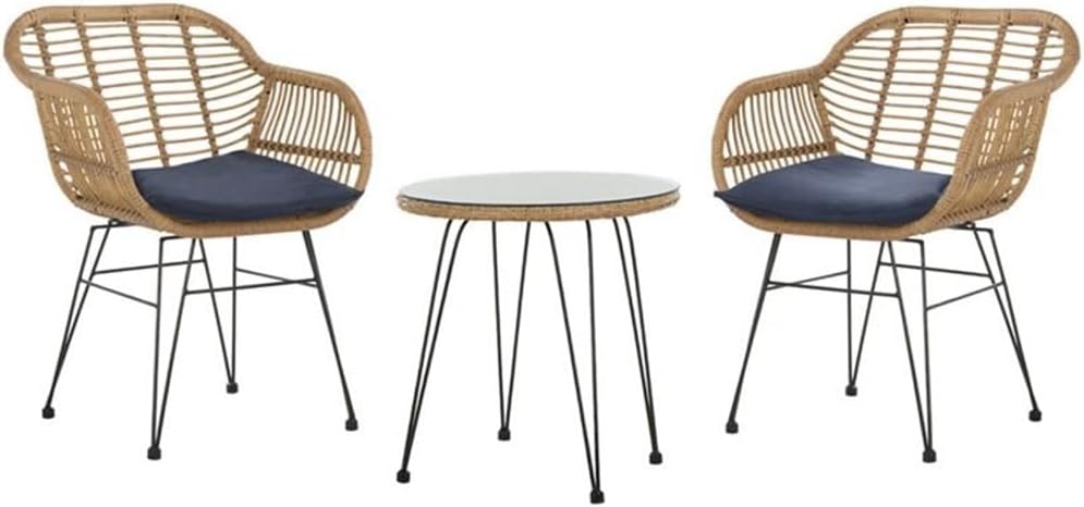 Pemberly Row 3 Piece Rattan Conversation Set, Brown and Navy Finish, Outdoor Patio Furniture, Durable Design, Comfortable Seating for Backyard or Garden Use