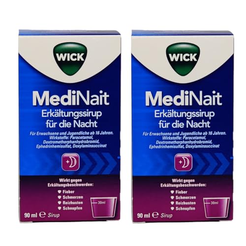 Wick MediNait Erkältungssirup für die Nacht I lindert Erkältungssymptome Gliederschmerzen Reizhusten - im Sparset mit Pharma Perle give-away (Wick MediNait 2x 90ml)