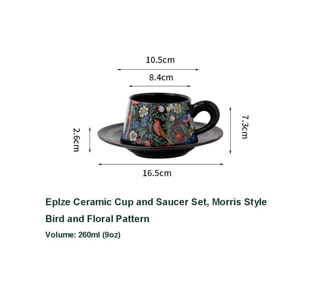 Eplze YBK Tech Morris Style Ceramic Cup and Saucer Set, 9oz Teacup with Saucer- Birds and Floral Pattern (Black) - Image 2