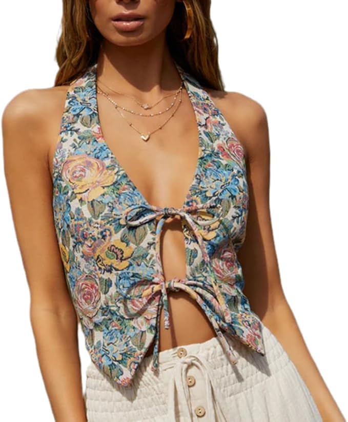 Women Vintage Denim Vest Top Tie Front Floral Print Halter Neck Tank Top Y2k Sleeveless Backless Jean Top Streetwear
