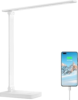Lepro LED Desk Lamp with USB Charging Port Dimmable Home Office Touch Control Reading Table Lamp,3 Color Modes with 5 Brightness Level, School Supplies College Dorm Room Essentials, Eye Caring, White