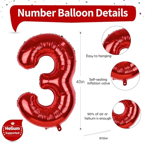 Image of 3rd Birthday Number Balloons for Girls Kids, 40 Inch Red Number Balloons 3 Large for 3rd 30th Birthday Party Decorations, Self Inflating Balloons Anniversary Graduation Party Decor Men Supplies