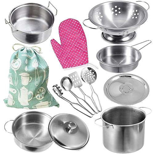 Image of Cookware Pots and Pans Play Set with Cooking Mini Stainless-Steel Kitchen Cooking Utensils Toys,Pretend Toys for Kids, Educational&Development Toy Kitchen Playset Accessories for Kids