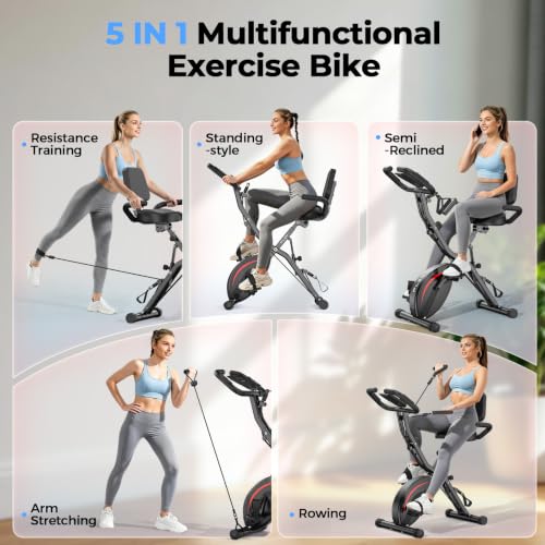 Pleny 5 IN 1 Foldable Exercise Bike, Stationary Bikes for Home 6.6 LBS Magnetic Flywheel, 330LB Weight Capacity Back Support Cushion Indoor Workout Cycling Bike for Home Gym - image 2