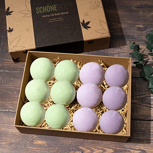 Hemp Bath Bombs By Schone Body, 2 Relaxing Scents Of Refreshing Mint And Hemp Oil And Soothing Lavender And Hemp Oil. Made With Pure Essential Oil Vegan Set (Large 12 Pack, Bath Bombs), Green #TOP3