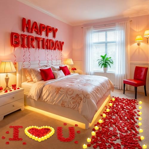 Image of Red Happy Birthday Balloons Decorations Happy Birthday Letter Balloons Banner Set with 24pcs Heart Flameless LED Candles and 2000pcs Artificial Rose Petals for Women Men Room Party Decor