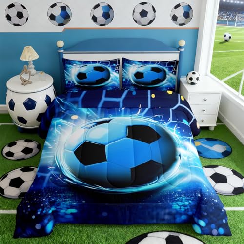 Image of Feelyou 3D Soccer Comforter Set King Size Kids Football Pattern Bedding Set for Boys Girls Sports Theme Duvet Quilt Room Decor